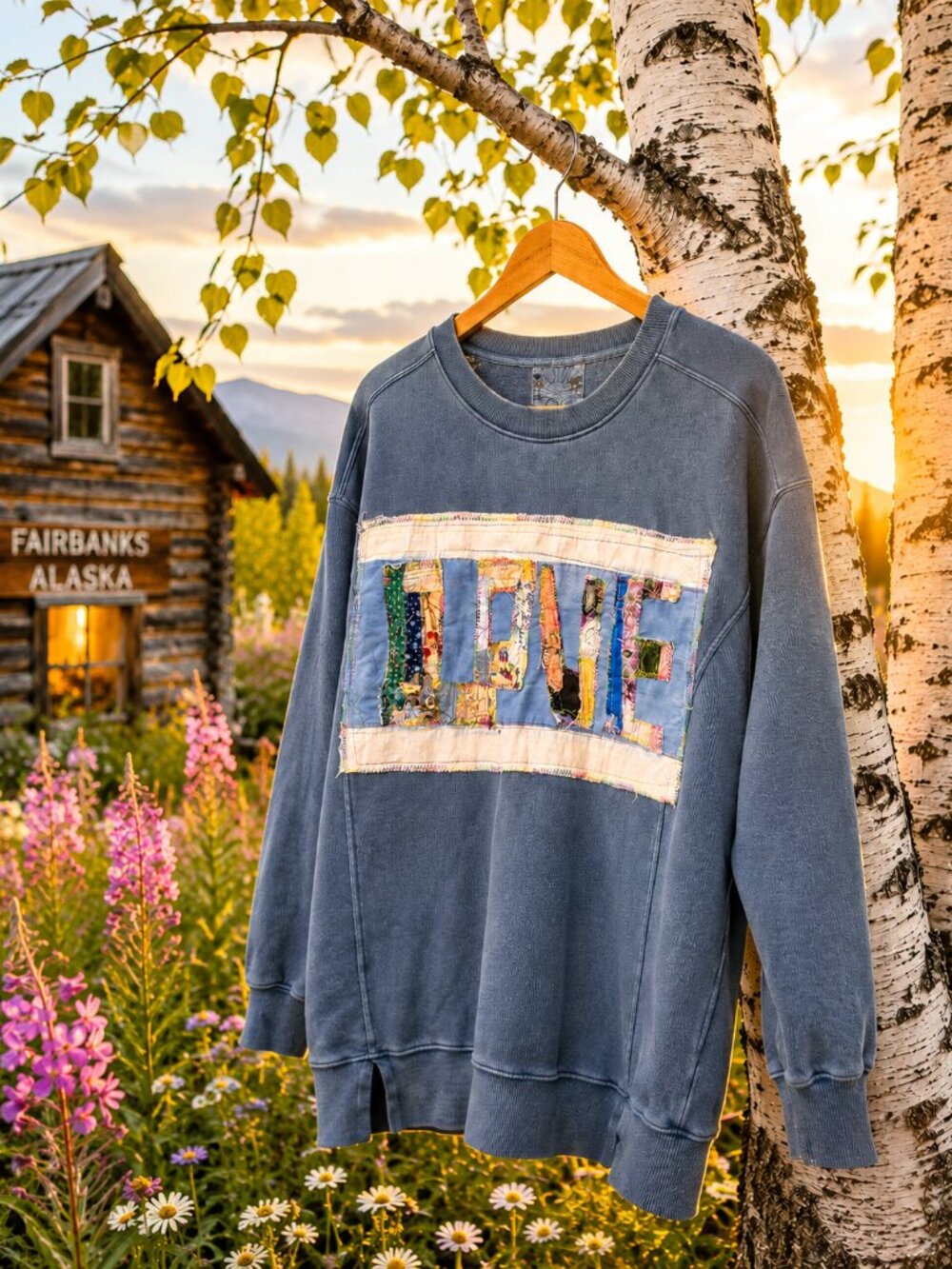 Upcycled Medium LOVE Patchwork Sweatshirt Folk Art Wearable Art Alaska Made
